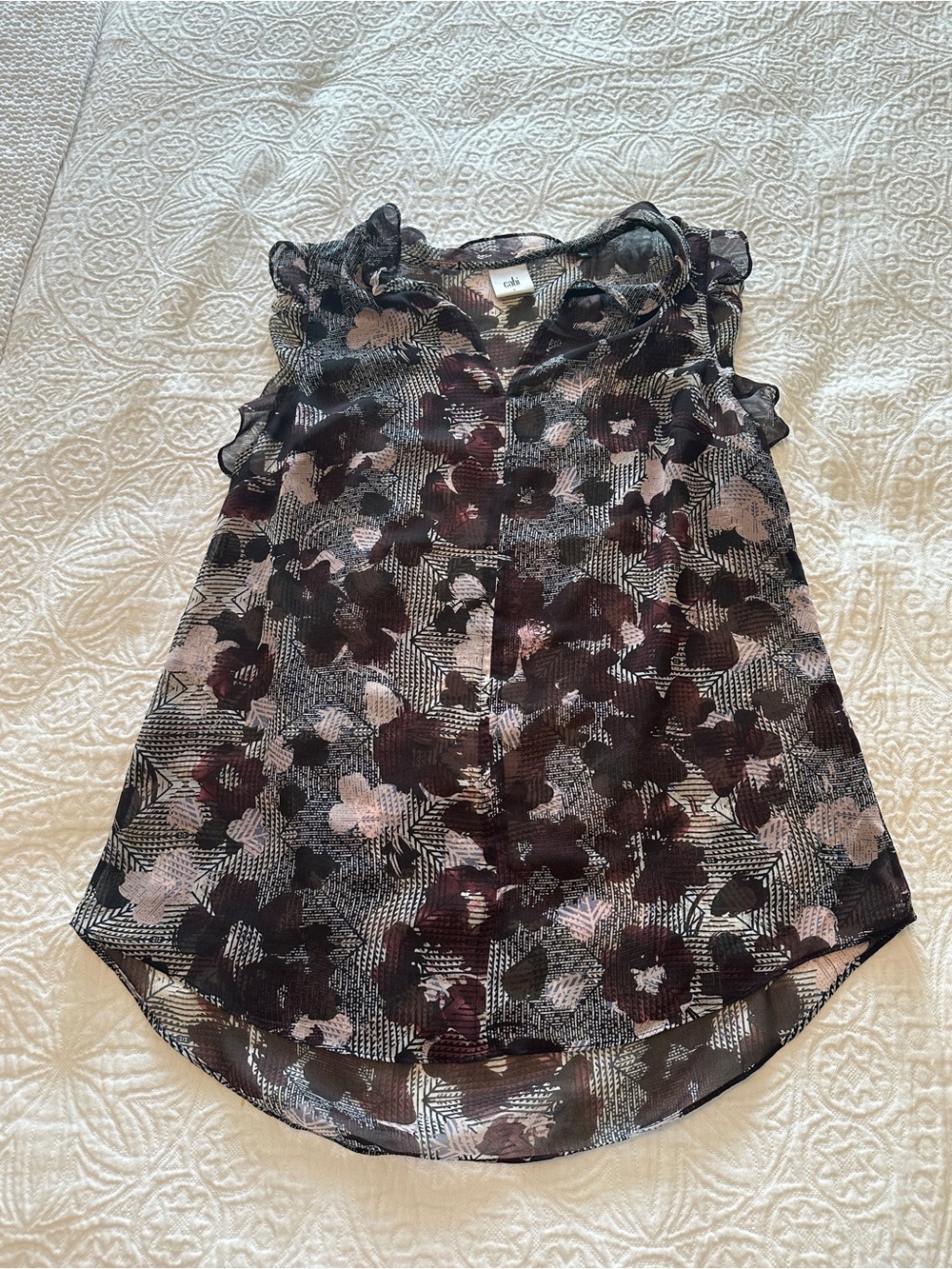 CAbi Floral Ruffle Camisole in Black and Purple